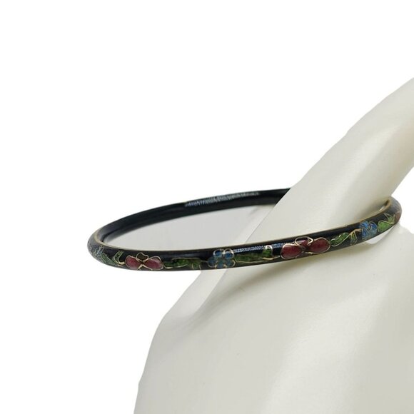 Black Multi-Color Enamel Floral Cloisonne Bangle Bracelet Vintage Thin - Picture 1 of 5